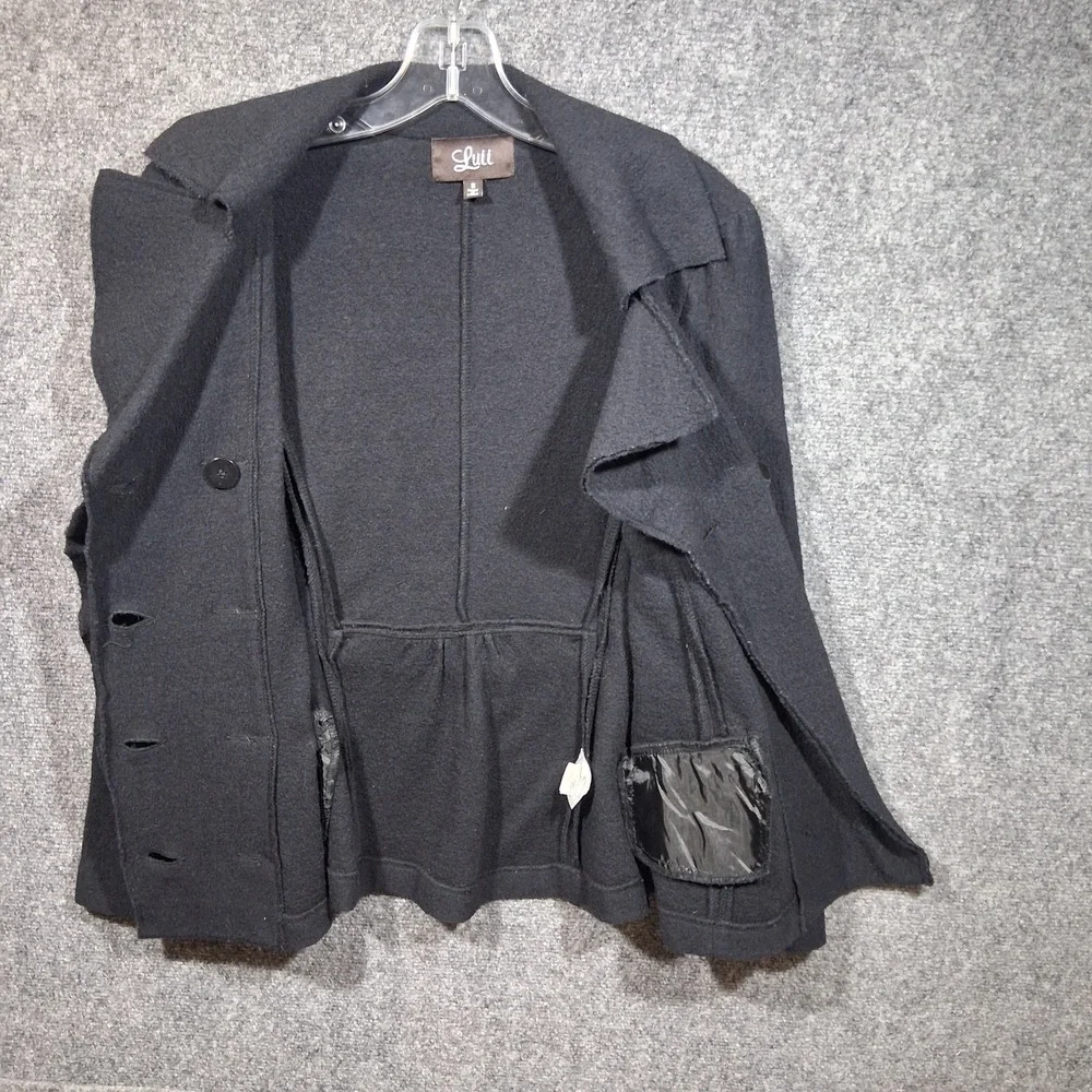 Luii Womens Black 100% Wool Ruffle Double‎ Breasted Blazer Jacket Size S Small